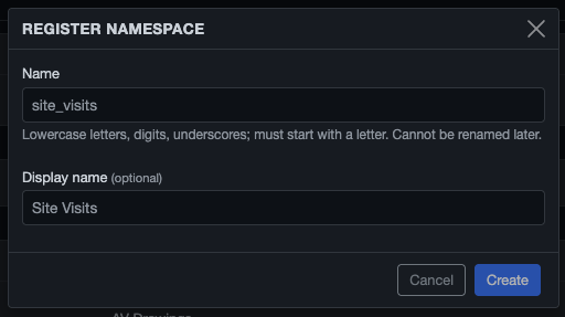 Register namespace modal with Name set to site_visits and Display name set to Site Visits. The form note under the Name field explains the validation rule (lowercase letters, digits, underscores; must start with a letter).