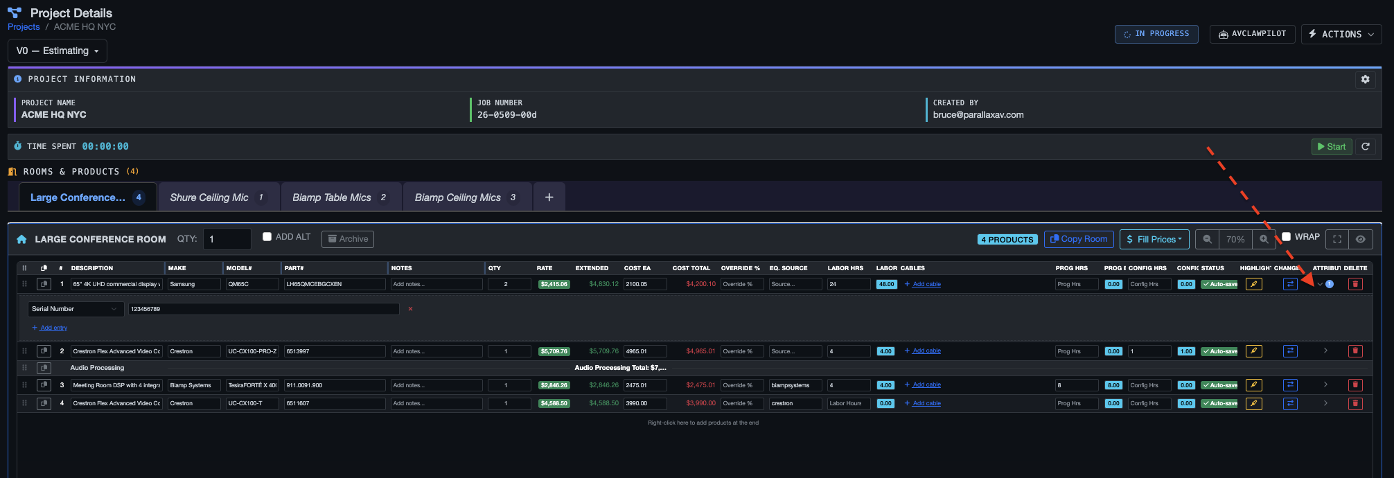 Project Details line items table showing the new Attributes column with a count badge on one row
