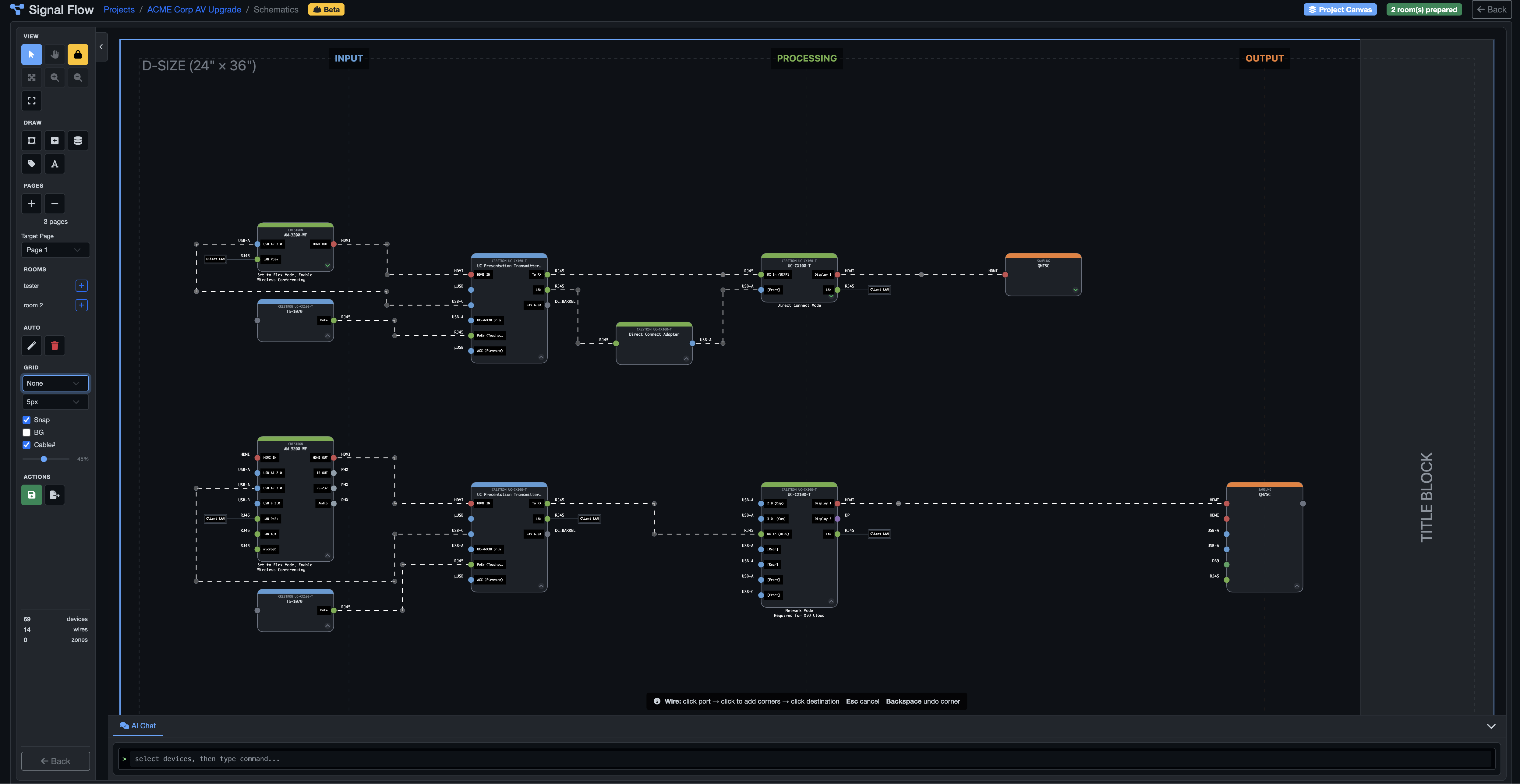 Project-wide signal flow canvas with Input, Processing, and Output zones, devices wired between them, and the ROOMS panel open on the right